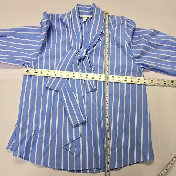H&M Womens Blue White Striped Pussybow Tie Neck Blouse Long Sleeve Small - Picture 4 of 5